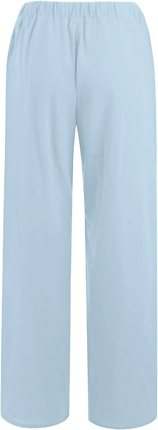 Womens Linen Pants Casual Beach Vacation Clothes Trendy Wide Leg Pants Woman Flowy Palazzo Trousers Pants