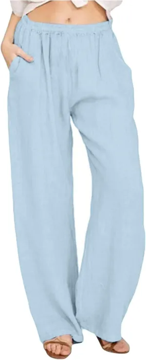 Womens Linen Pants Casual Beach Vacation Clothes Trendy Wide Leg Pants Woman Flowy Palazzo Trousers Pants