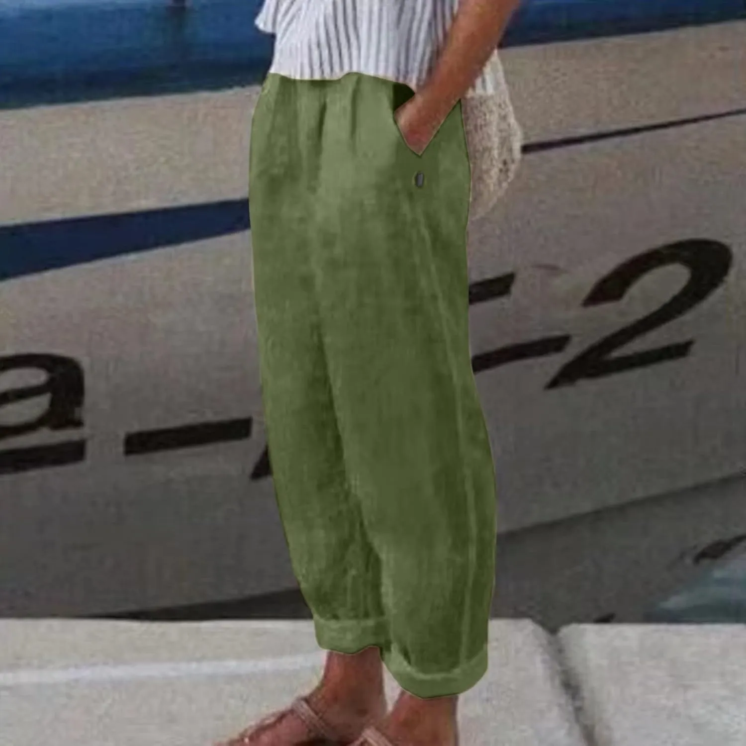 Womens Linen Pants Casual High Waist Straight Leg Pants Summer Comfy Cropped Pant Loose Fit Trousers with Pockets