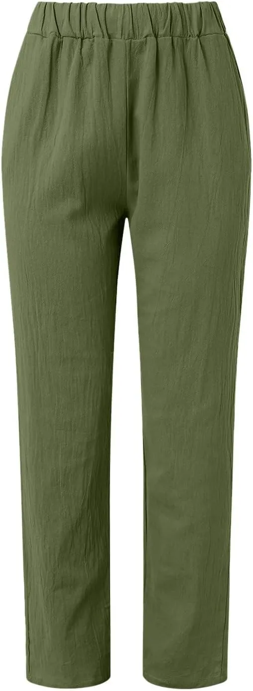 Womens Linen Pants Casual High Waist Straight Leg Pants Summer Comfy Cropped Pant Loose Fit Trousers with Pockets