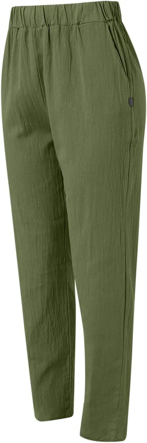Womens Linen Pants Casual High Waist Straight Leg Pants Summer Comfy Cropped Pant Loose Fit Trousers with Pockets