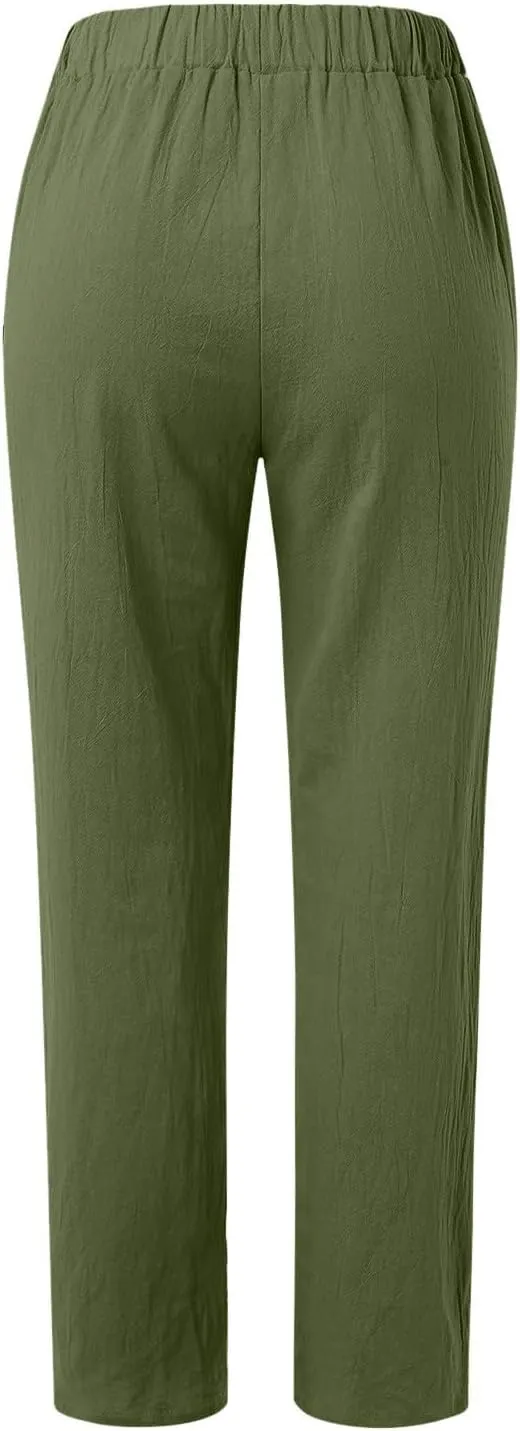 Womens Linen Pants Casual High Waist Straight Leg Pants Summer Comfy Cropped Pant Loose Fit Trousers with Pockets
