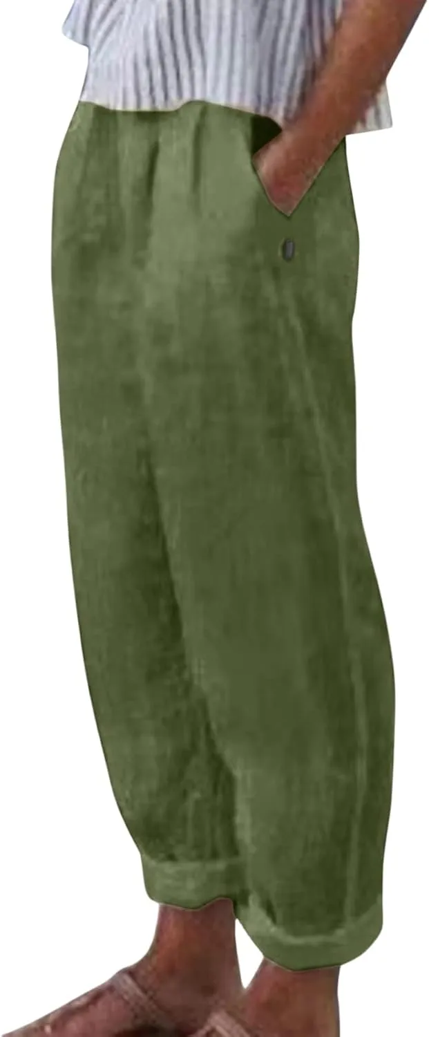 Womens Linen Pants Casual High Waist Straight Leg Pants Summer Comfy Cropped Pant Loose Fit Trousers with Pockets
