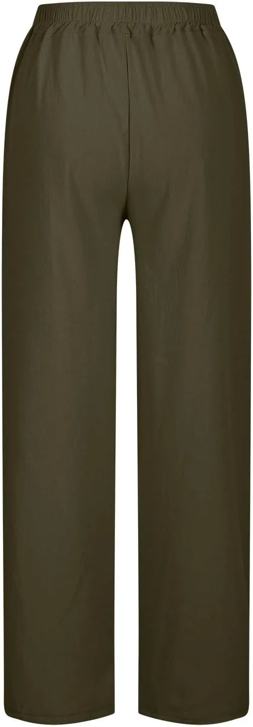Womens Linen Pants Summer 2025 High Waist Casual Beach Capri Side Split Drawstring Lightweight Lounge Trousers