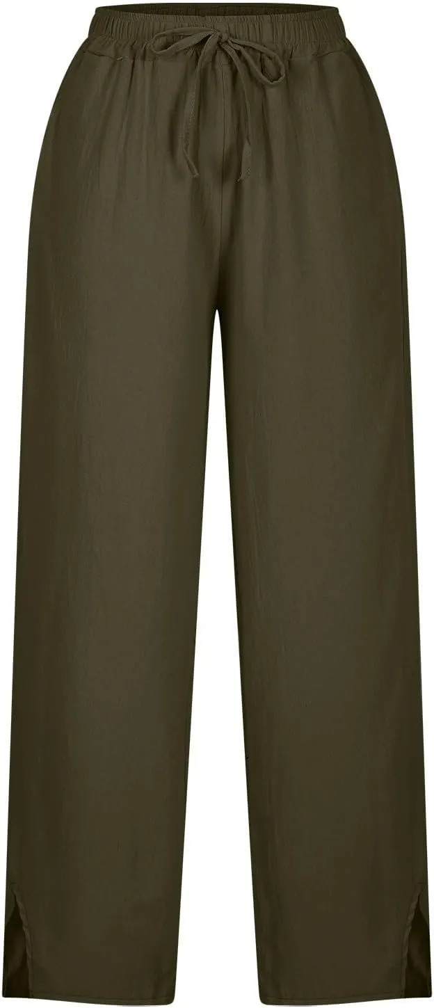 Womens Linen Pants Summer 2025 High Waist Casual Beach Capri Side Split Drawstring Lightweight Lounge Trousers