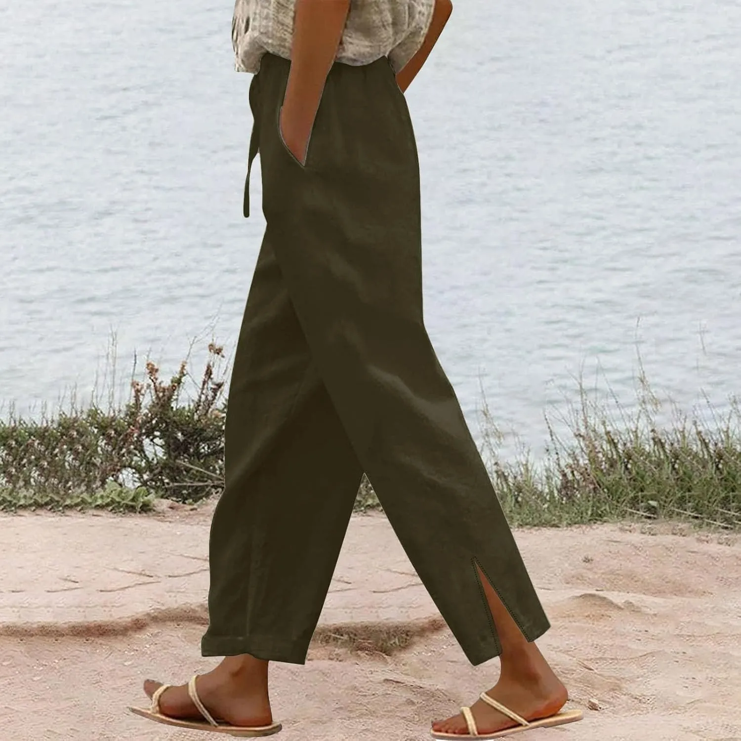 Womens Linen Pants Summer 2025 High Waist Casual Beach Capri Side Split Drawstring Lightweight Lounge Trousers