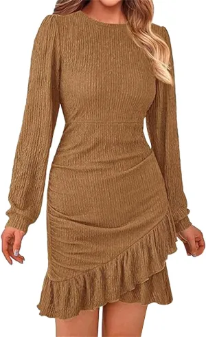 Women's Long Puff Sleeve Ruched Bodycon Mini Short Dress Fall Ruffle Fitted Cocktail Spring Dresses