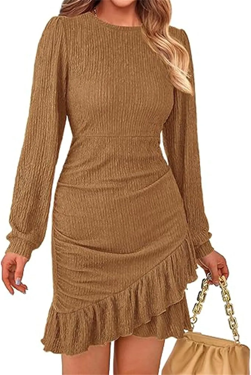 Women's Long Puff Sleeve Ruched Bodycon Mini Short Dress Fall Ruffle Fitted Cocktail Spring Dresses