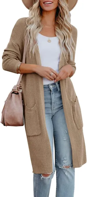 Womens Long Sleeve Open Front Cardigan Sweater Lightweight Knit Casual Loose Fit Sweaters Outerwear with Pockets