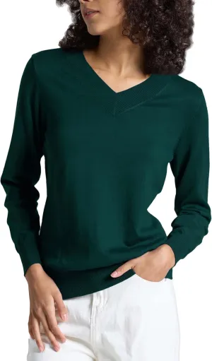 Women's Long-Sleeve Pullover Lightweight Soft V-Neck Casual Sweater Top