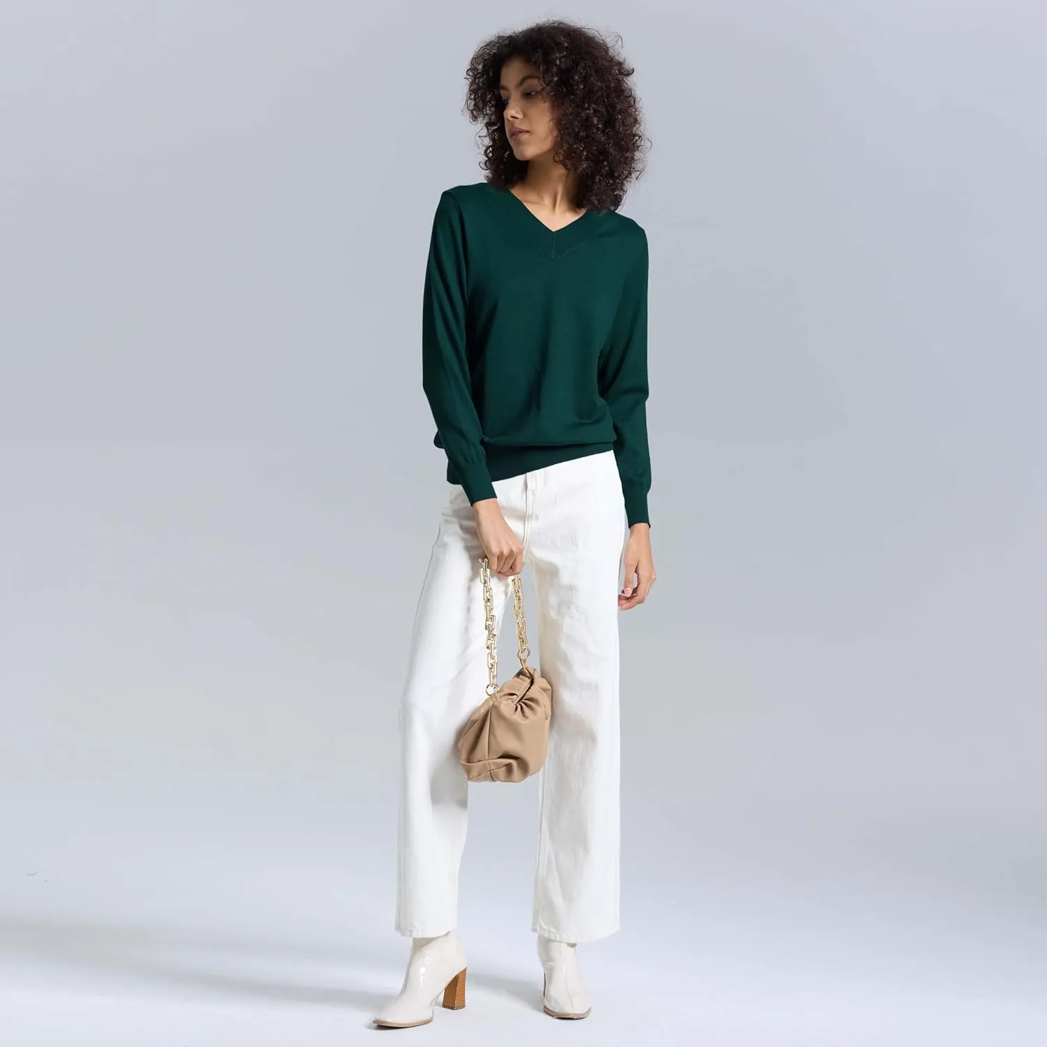 Women's Long-Sleeve Pullover Lightweight Soft V-Neck Casual Sweater Top
