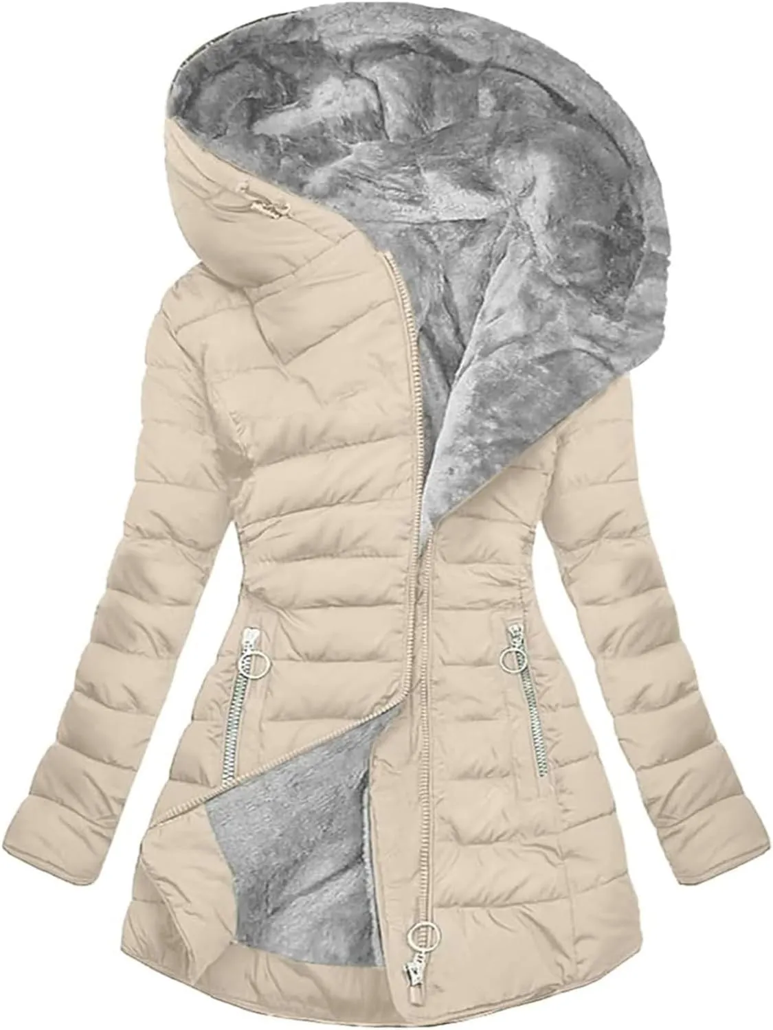 Women's Long Warm Thickened Winter Coat Offer Sherpa Lined Down Jacket Winter Cotton Padded Jacket Waterproof Fleece Coats Outdoor Women's Jacket(Apricot,X-Large)