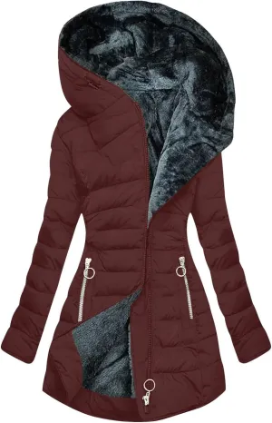 Women's Long Warm Thickened Winter Coat Offer Sherpa Lined Down Jacket Winter Cotton Padded Jacket Waterproof Fleece Coats Outdoor Women's Jacket(Burgundy,Large)