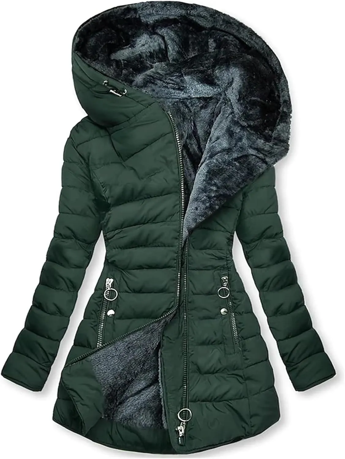Women's Long Warm Thickened Winter Coat Offer Sherpa Lined Down Jacket Winter Cotton Padded Jacket Waterproof Fleece Coats Outdoor Women's Jacket(Green,5X-Large)