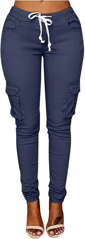 Womens Mid Waist Cargo Leggings High Rise Skinny Cargo Pants Tactical Stretch Jogger Slim Tapered Trouser Sweatpants