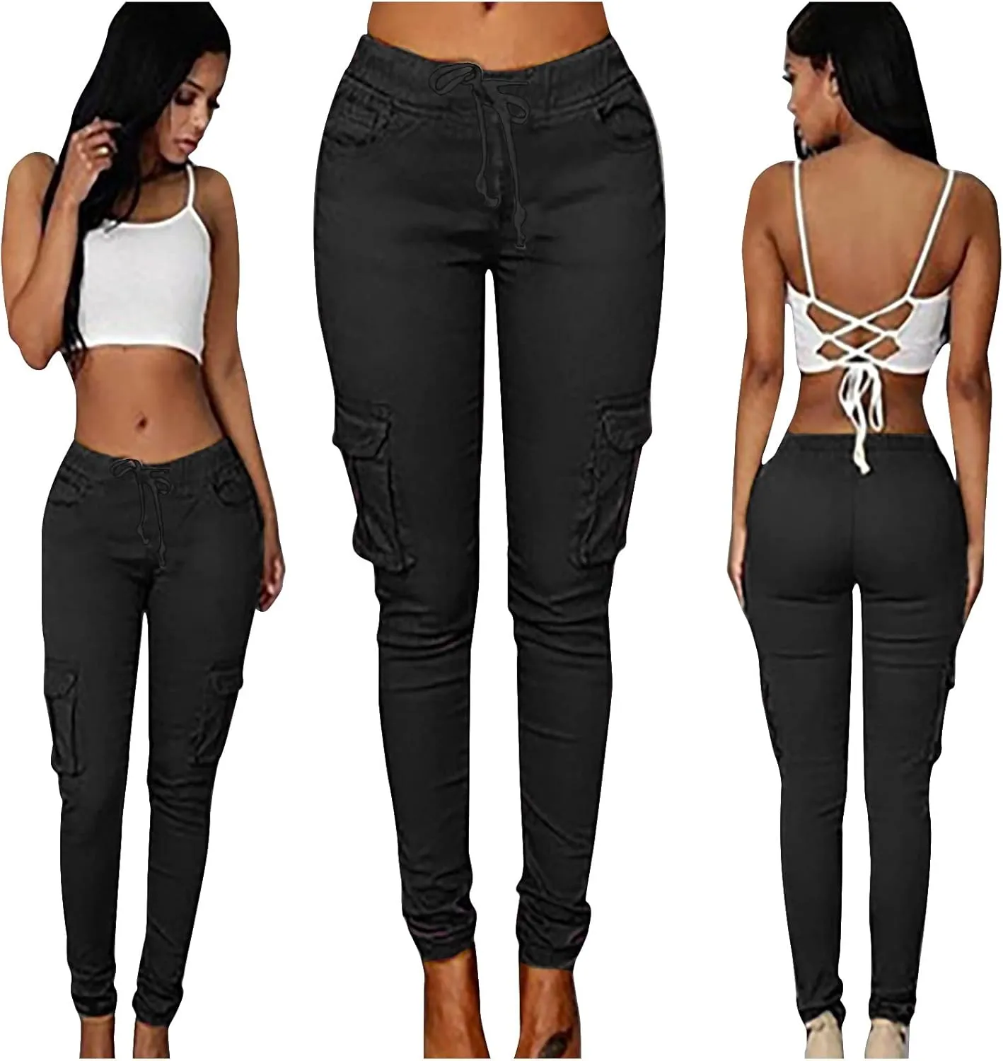 Womens Mid Waist Cargo Leggings High Rise Skinny Cargo Pants Tactical Stretch Jogger Slim Tapered Trouser Sweatpants