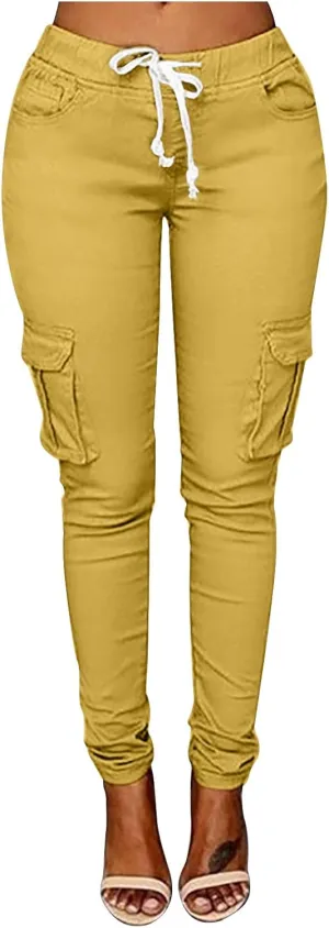 Womens Mid Waist Cargo Leggings High Rise Skinny Cargo Pants Tactical Stretch Jogger Slim Tapered Trouser Sweatpants
