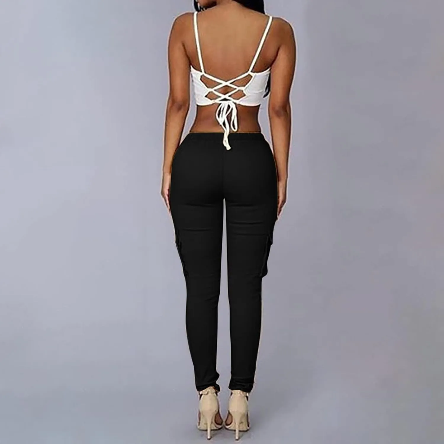 Womens Mid Waist Cargo Leggings High Rise Skinny Cargo Pants Tactical Stretch Jogger Slim Tapered Trouser Sweatpants