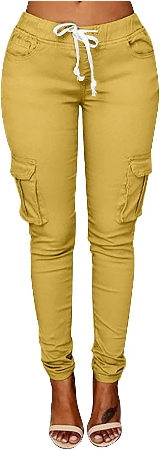 Womens Mid Waist Cargo Leggings High Rise Skinny Cargo Pants Tactical Stretch Jogger Slim Tapered Trouser Sweatpants