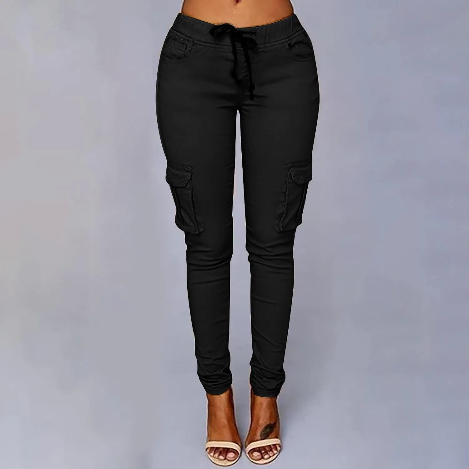 Womens Mid Waist Cargo Leggings High Rise Skinny Cargo Pants Tactical Stretch Jogger Slim Tapered Trouser Sweatpants