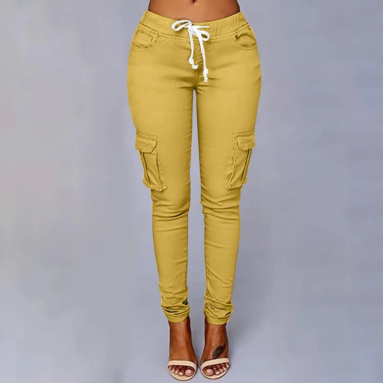 Womens Mid Waist Cargo Leggings High Rise Skinny Cargo Pants Tactical Stretch Jogger Slim Tapered Trouser Sweatpants