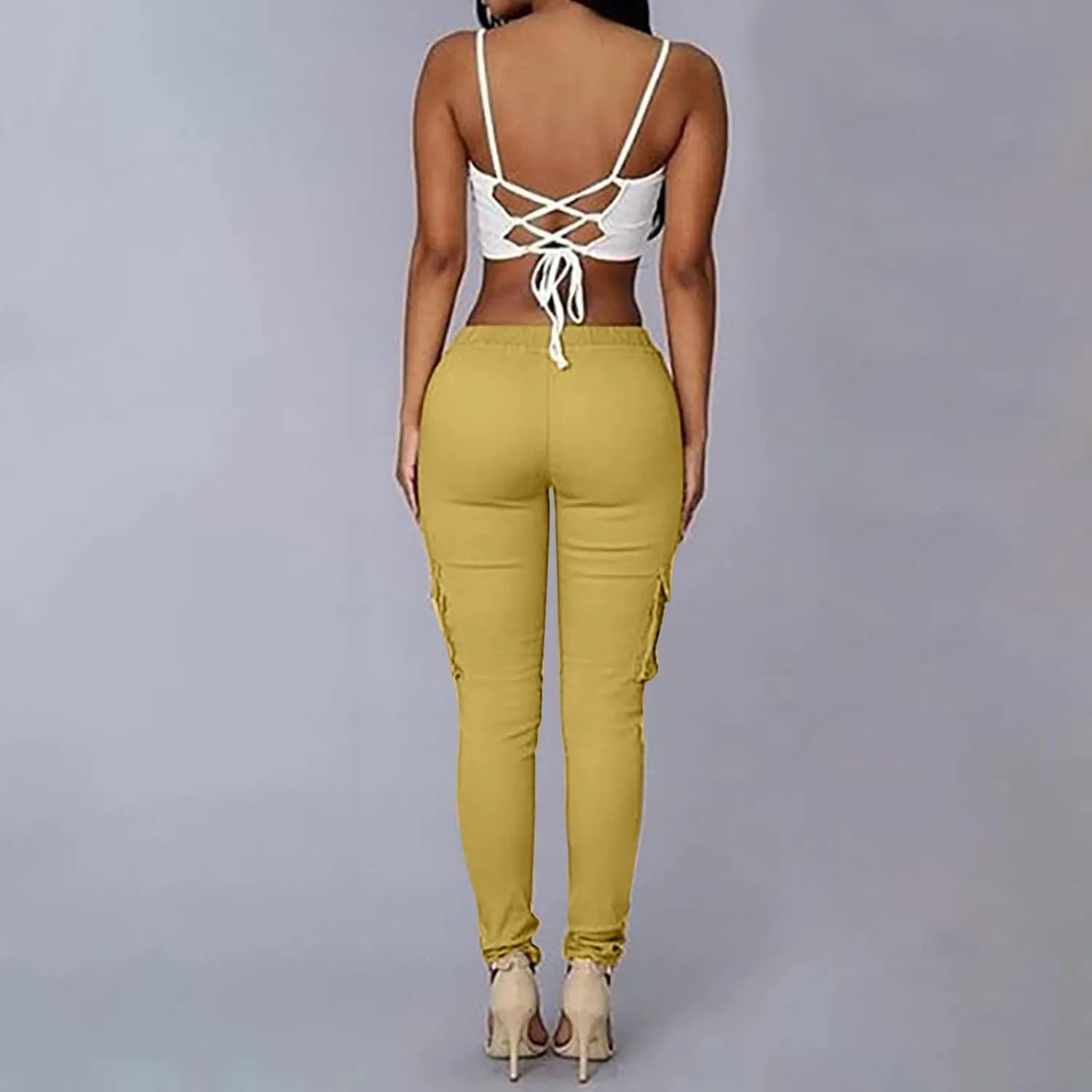 Womens Mid Waist Cargo Leggings High Rise Skinny Cargo Pants Tactical Stretch Jogger Slim Tapered Trouser Sweatpants