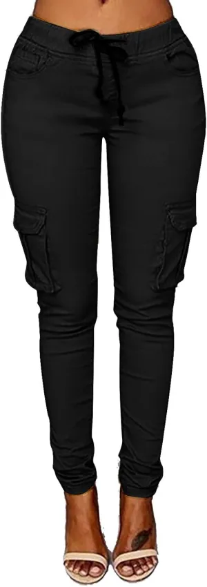 Womens Mid Waist Cargo Leggings High Rise Skinny Cargo Pants Tactical Stretch Jogger Slim Tapered Trouser Sweatpants