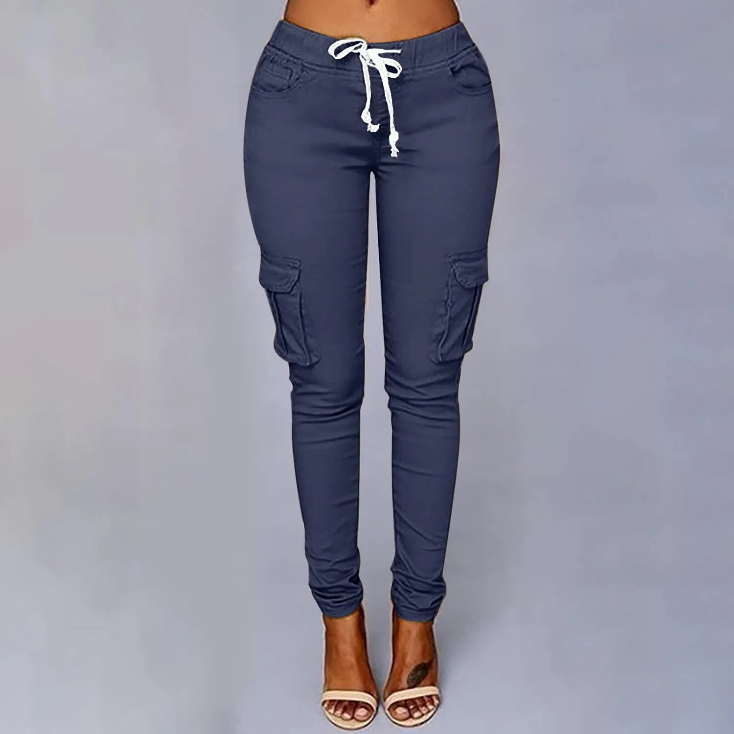 Womens Mid Waist Cargo Leggings High Rise Skinny Cargo Pants Tactical Stretch Jogger Slim Tapered Trouser Sweatpants