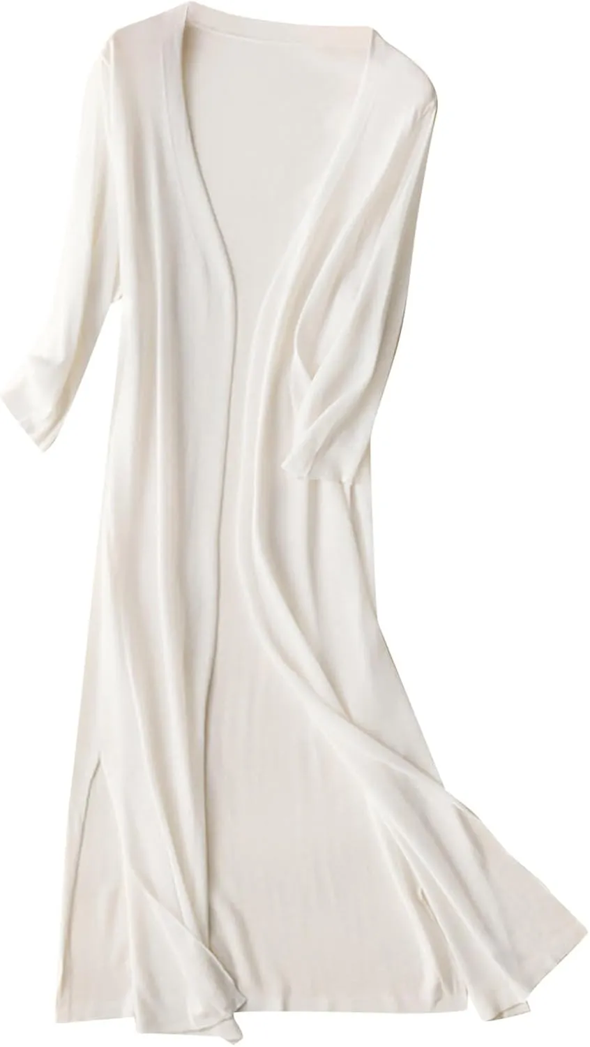 Women's Open Front Cardigan Plus Size Lightweight Solid Long Sleeve Cotton Linen Side Slit Coats Casual Maxi Duster