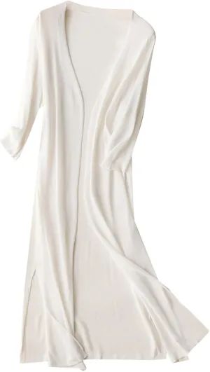 Women's Open Front Cardigan Plus Size Lightweight Solid Long Sleeve Cotton Linen Side Slit Coats Casual Maxi Duster