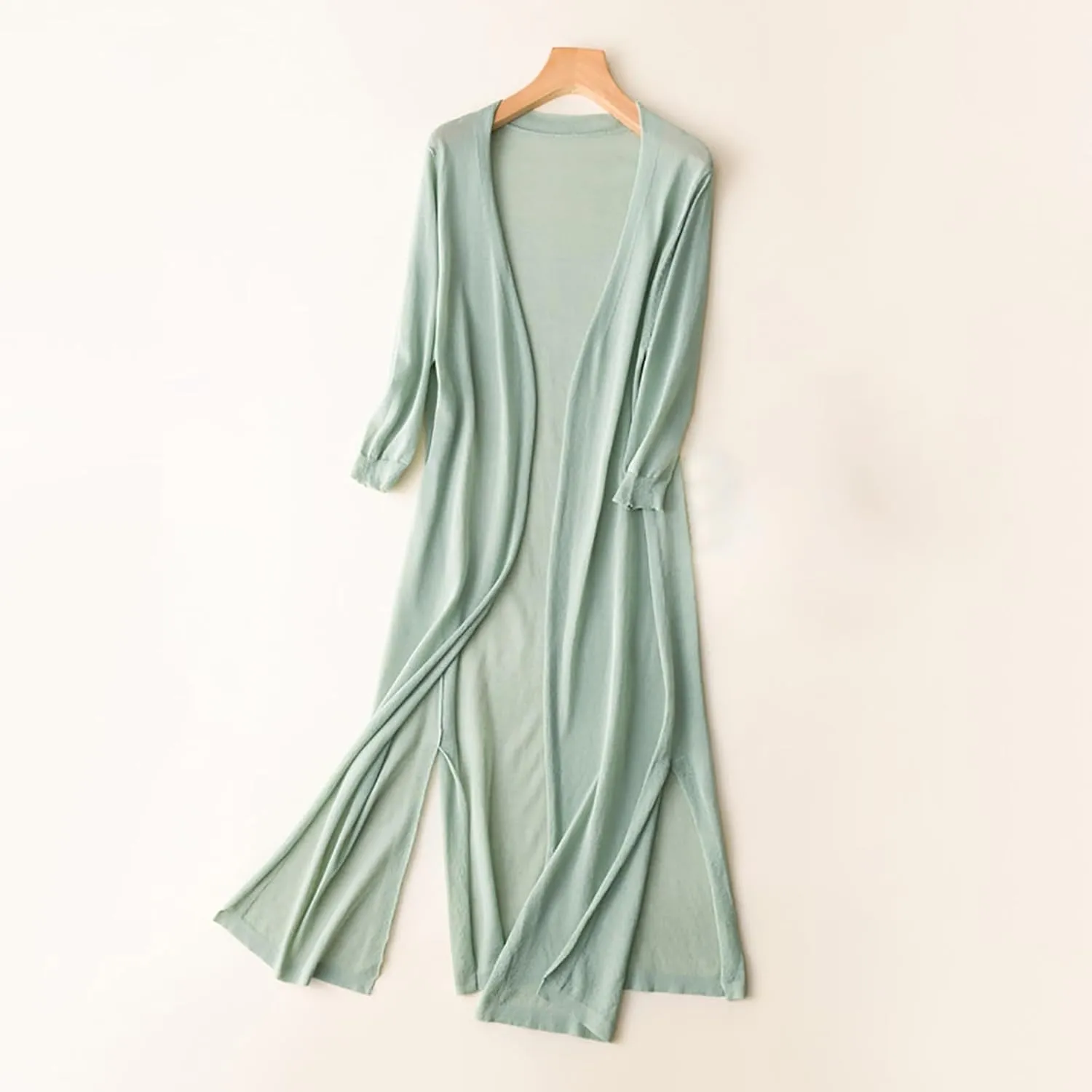 Women's Open Front Cardigan Plus Size Lightweight Solid Long Sleeve Cotton Linen Side Slit Coats Casual Maxi Duster