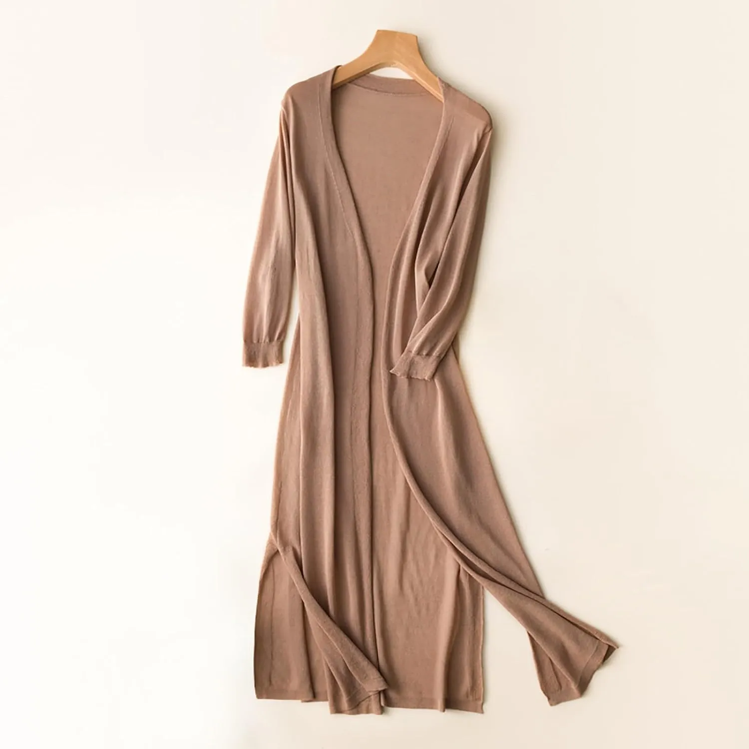 Women's Open Front Cardigan Plus Size Lightweight Solid Long Sleeve Cotton Linen Side Slit Coats Casual Maxi Duster