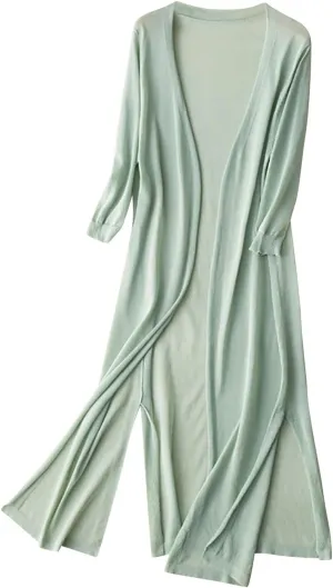 Women's Open Front Cardigan Plus Size Lightweight Solid Long Sleeve Cotton Linen Side Slit Coats Casual Maxi Duster