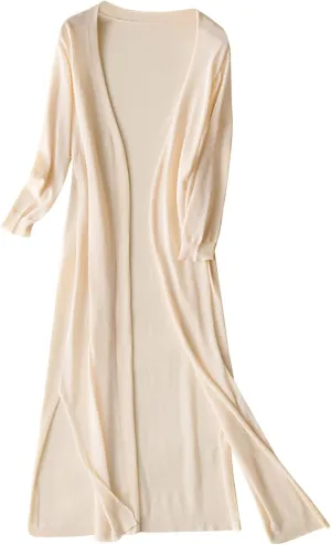 Women's Open Front Cardigan Plus Size Lightweight Solid Long Sleeve Cotton Linen Side Slit Coats Casual Maxi Duster