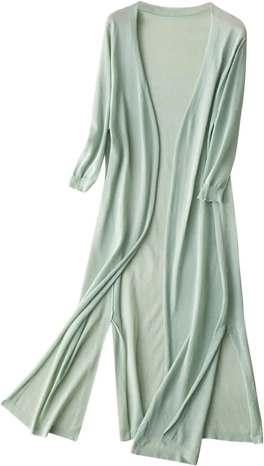 Women's Open Front Cardigan Plus Size Lightweight Solid Long Sleeve Cotton Linen Side Slit Coats Casual Maxi Duster