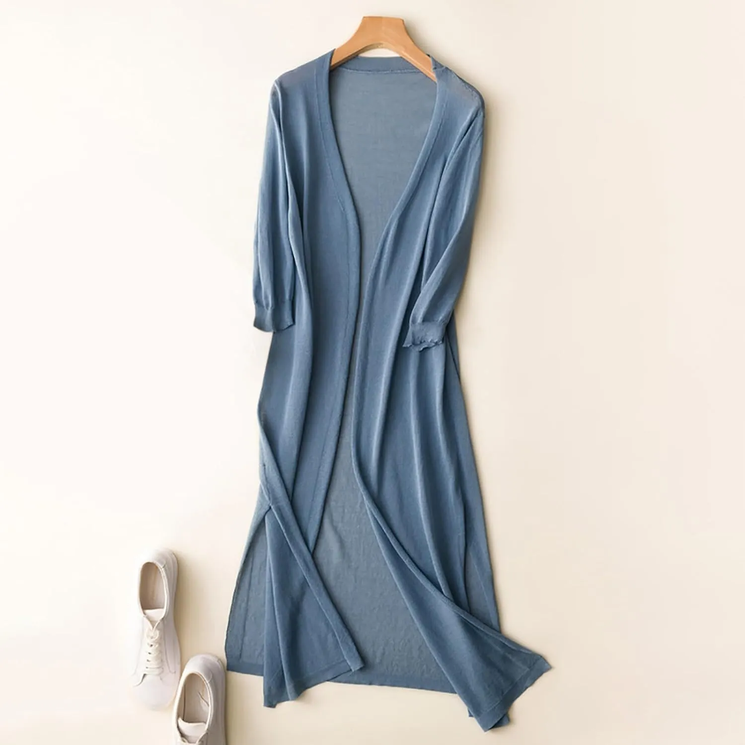 Women's Open Front Cardigan Plus Size Lightweight Solid Long Sleeve Cotton Linen Side Slit Coats Casual Maxi Duster