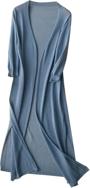 Women's Open Front Cardigan Plus Size Lightweight Solid Long Sleeve Cotton Linen Side Slit Coats Casual Maxi Duster
