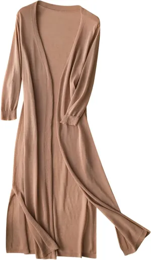 Women's Open Front Cardigan Plus Size Lightweight Solid Long Sleeve Cotton Linen Side Slit Coats Casual Maxi Duster