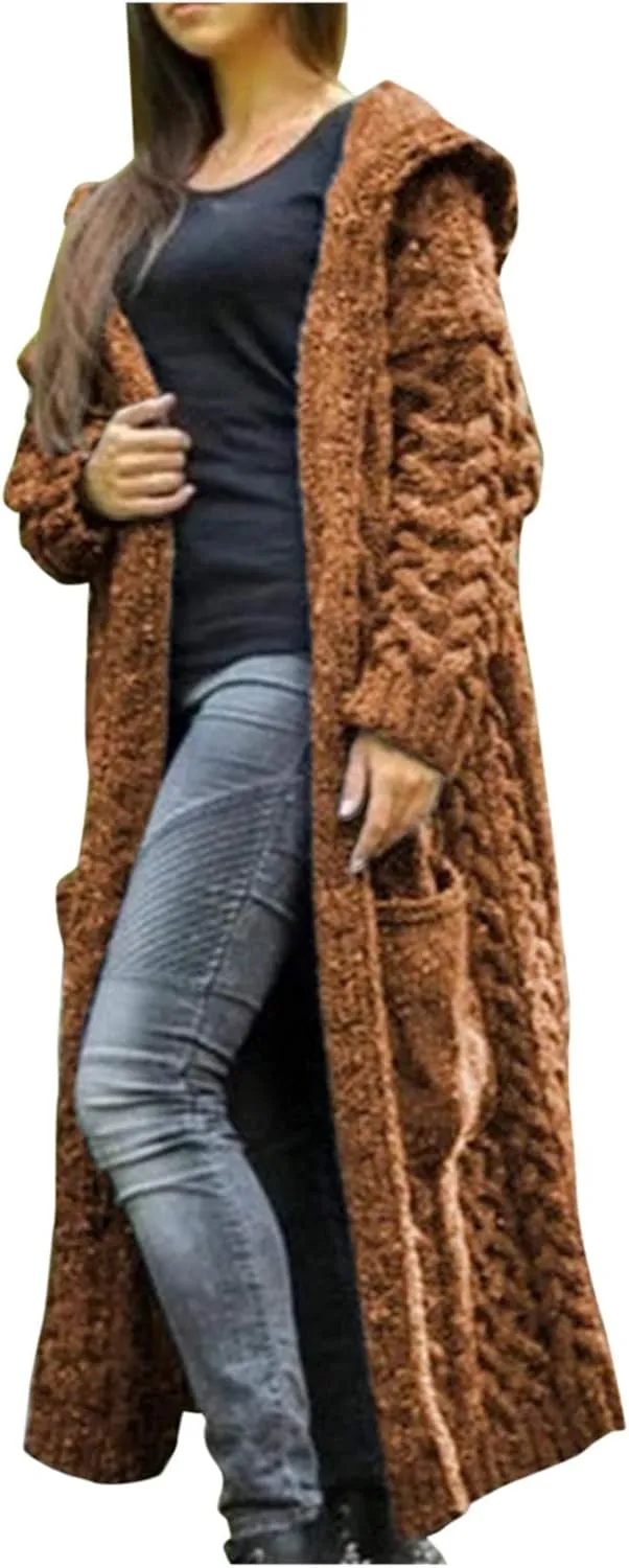 Women's Open Front Long Cardigan with Hood Chunky Warm Winter Coat Trendy Cable Knit Sweaters Outwear with Pockets
