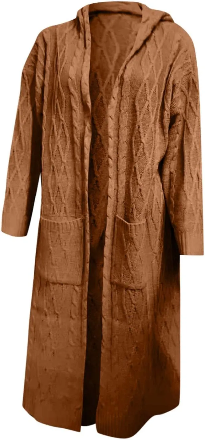 Women's Open Front Long Cardigan with Hood Chunky Warm Winter Coat Trendy Cable Knit Sweaters Outwear with Pockets