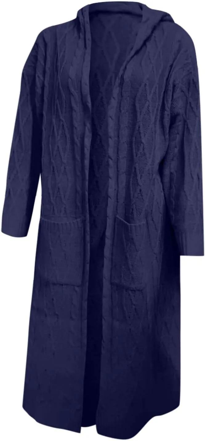 Women's Open Front Long Cardigan with Hood Chunky Warm Winter Coat Trendy Cable Knit Sweaters Outwear with Pockets
