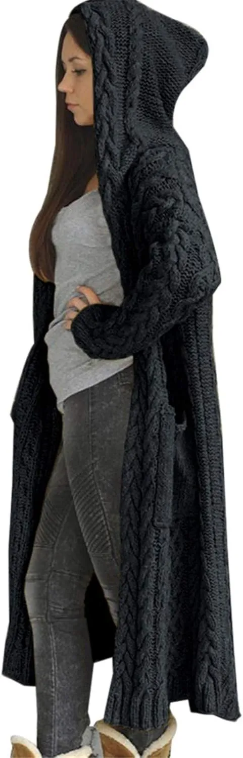 Women's Open Front Long Cardigan with Hood Chunky Warm Winter Coat Trendy Cable Knit Sweaters Outwear with Pockets
