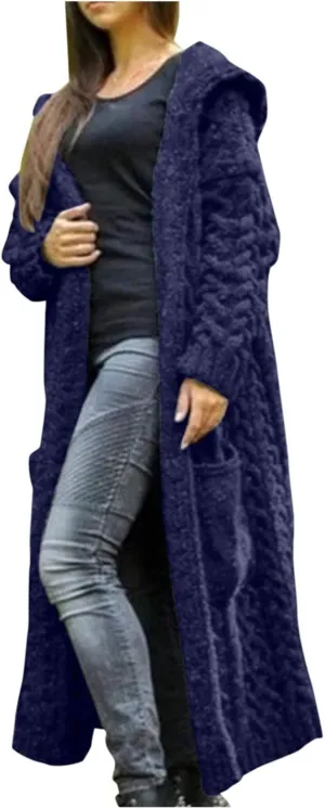 Women's Open Front Long Cardigan with Hood Chunky Warm Winter Coat Trendy Cable Knit Sweaters Outwear with Pockets
