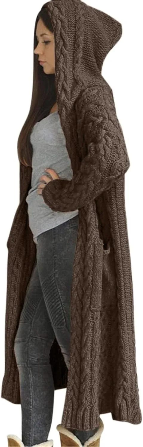 Women's Open Front Long Cardigan with Hood Chunky Warm Winter Coat Trendy Cable Knit Sweaters Outwear with Pockets