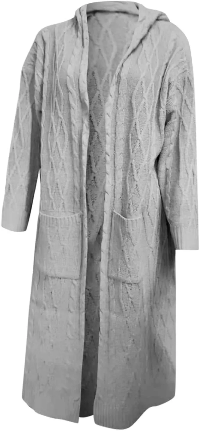 Women's Open Front Long Cardigan with Hood Chunky Warm Winter Coat Trendy Cable Knit Sweaters Outwear with Pockets