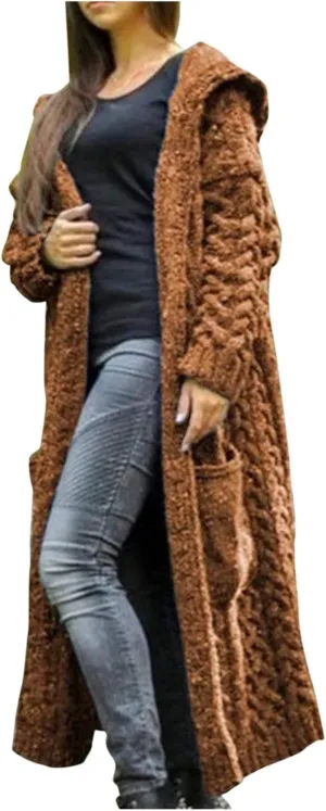 Women's Open Front Long Cardigan with Hood Chunky Warm Winter Coat Trendy Cable Knit Sweaters Outwear with Pockets