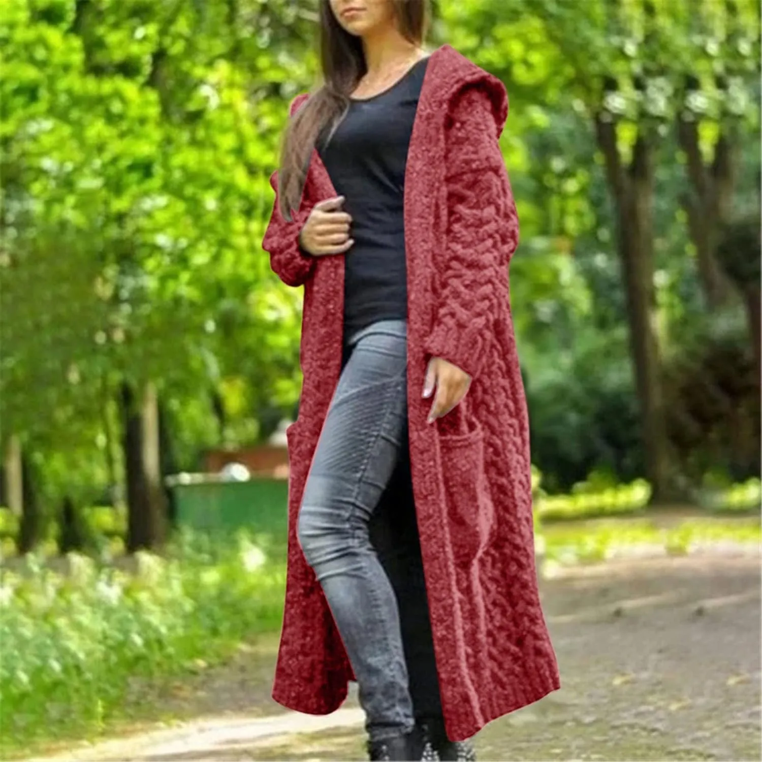 Women's Open Front Long Cardigan with Hood Chunky Warm Winter Coat Trendy Cable Knit Sweaters Outwear with Pockets
