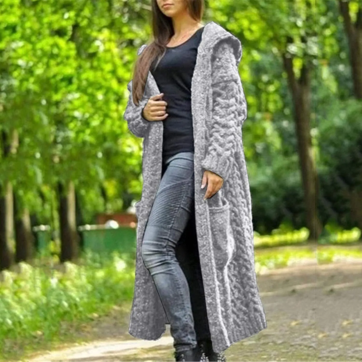 Women's Open Front Long Cardigan with Hood Chunky Warm Winter Coat Trendy Cable Knit Sweaters Outwear with Pockets