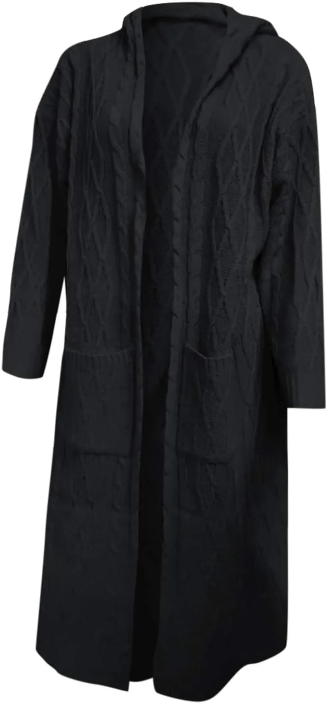 Women's Open Front Long Cardigan with Hood Chunky Warm Winter Coat Trendy Cable Knit Sweaters Outwear with Pockets