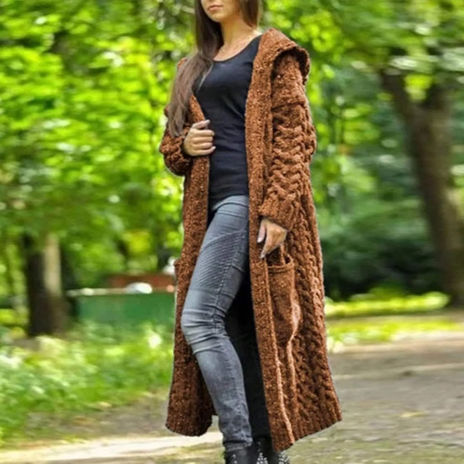 Women's Open Front Long Cardigan with Hood Chunky Warm Winter Coat Trendy Cable Knit Sweaters Outwear with Pockets